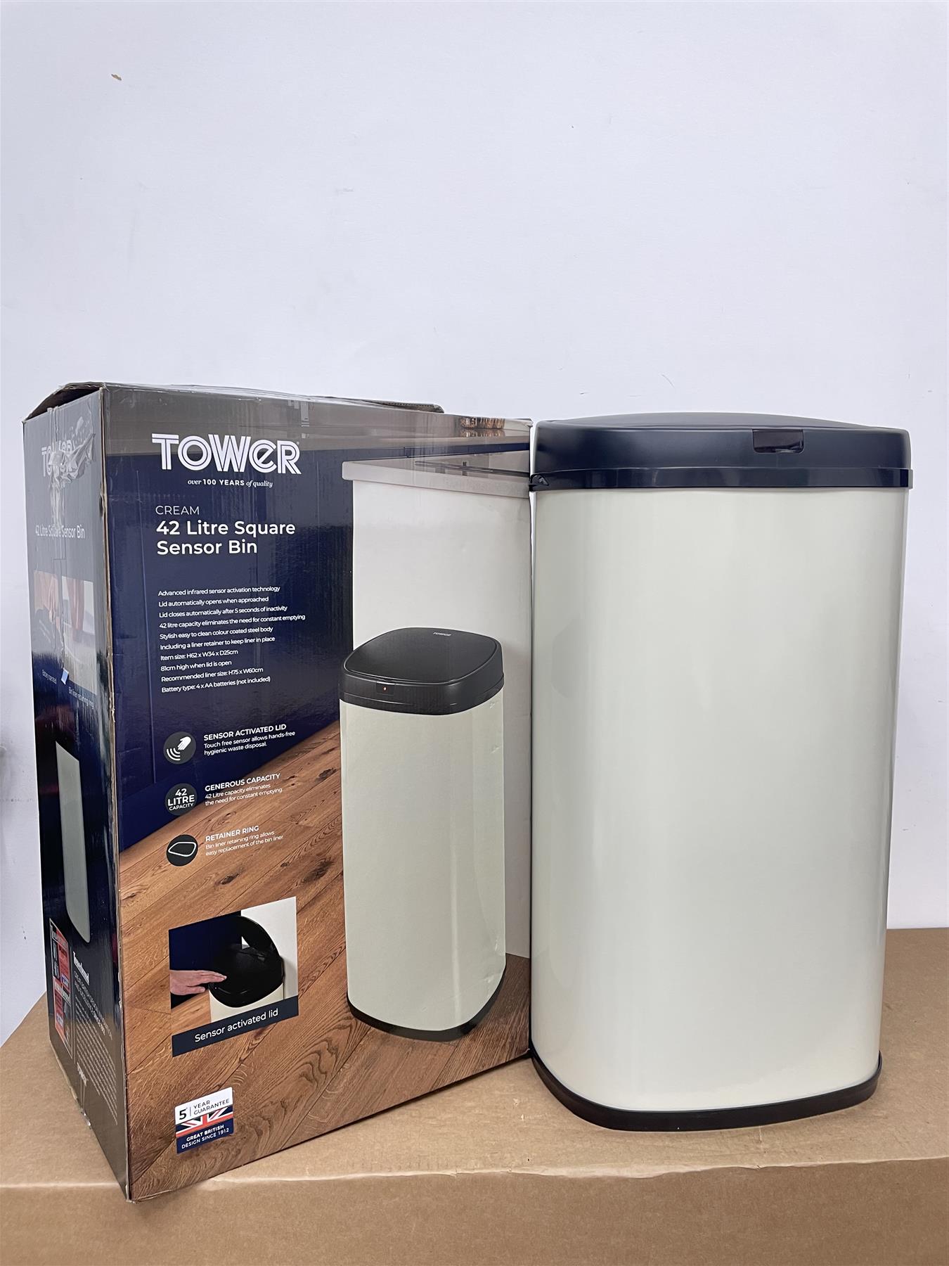 Tower Recycling 42 Litre Square Sensor Bin lid automatically opens - Cream