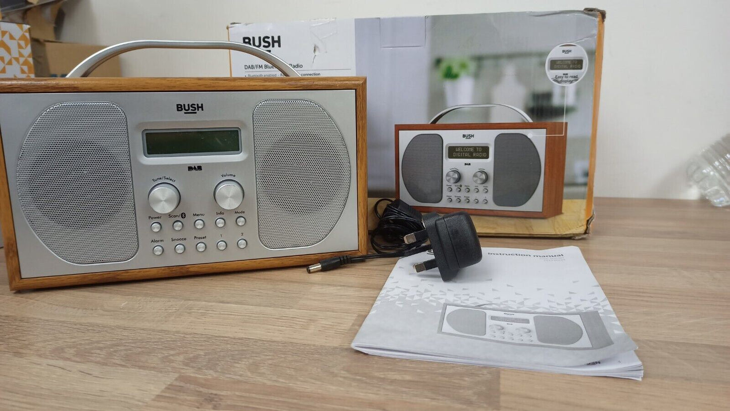 Bush Portable DAB FM Radio Bluetooth Digital LCD Mains Battery Alarm Silver Wood