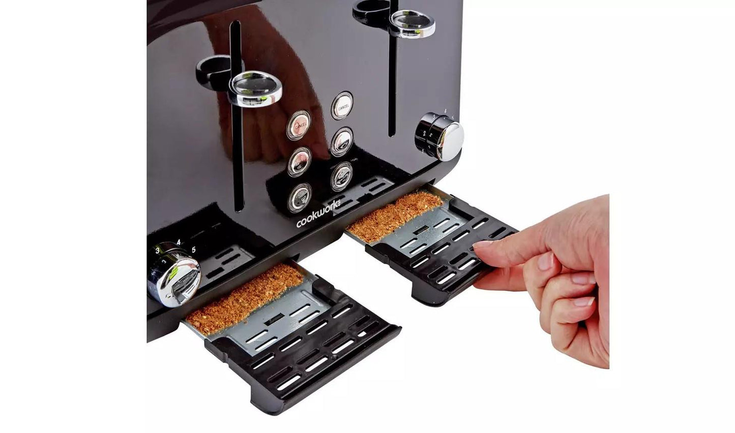 Cookworks Pyramid 4 Slice Toaster Extra wide bagel slots crumb tray Black