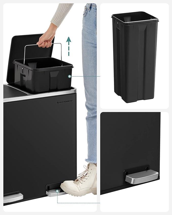 SONGMICS Recycling Bin Double Trash Can 2 x 24L Pedal Soft-Close Black