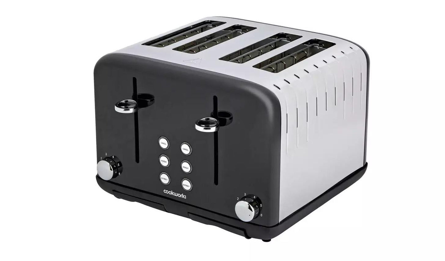 Cookworks Pyramid 4 Slice Toaster Extra wide bagel slots crumb tray Black