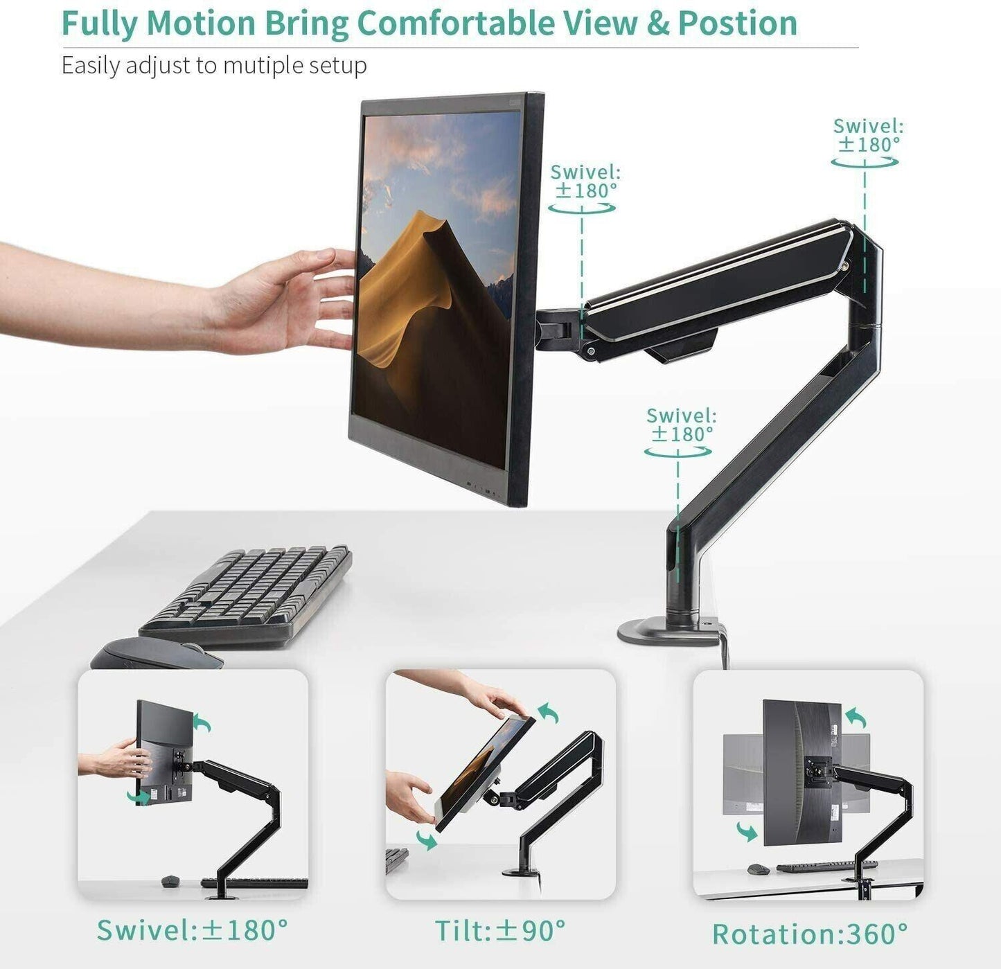 Single Monitor Mount Adjustable Screen Bracket Computer Table Stand 13"-27" inch