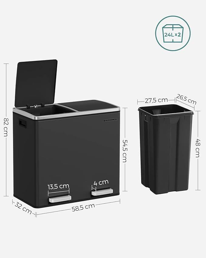 SONGMICS Recycling Bin Double Trash Can 2 x 24L Pedal Soft-Close Black