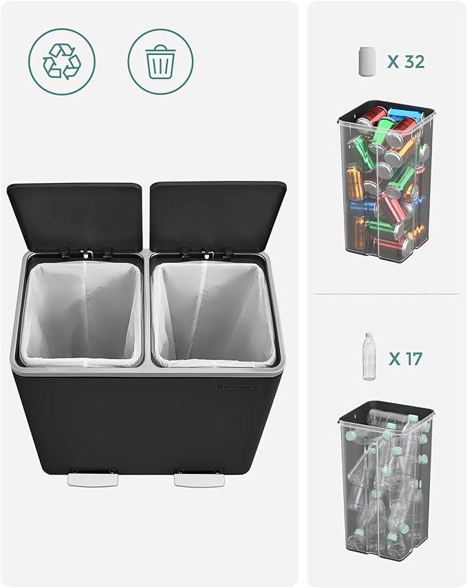 SONGMICS Recycling Bin Double Trash Can 2 x 24L Pedal Soft-Close Black