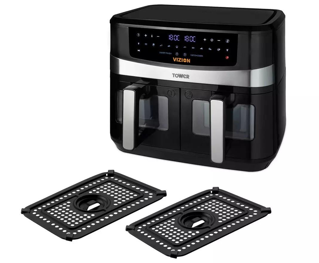 Tower T17100 Vortx Vizion Dual Basket 9L Air Fryer Double Clear Look View Black