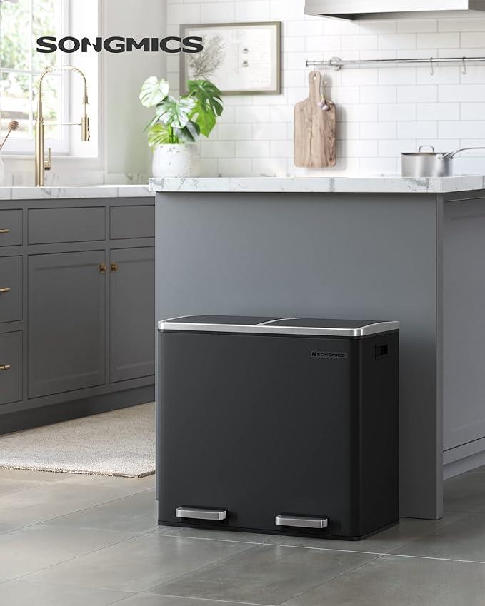 SONGMICS Recycling Bin Double Trash Can 2 x 24L Pedal Soft-Close Black