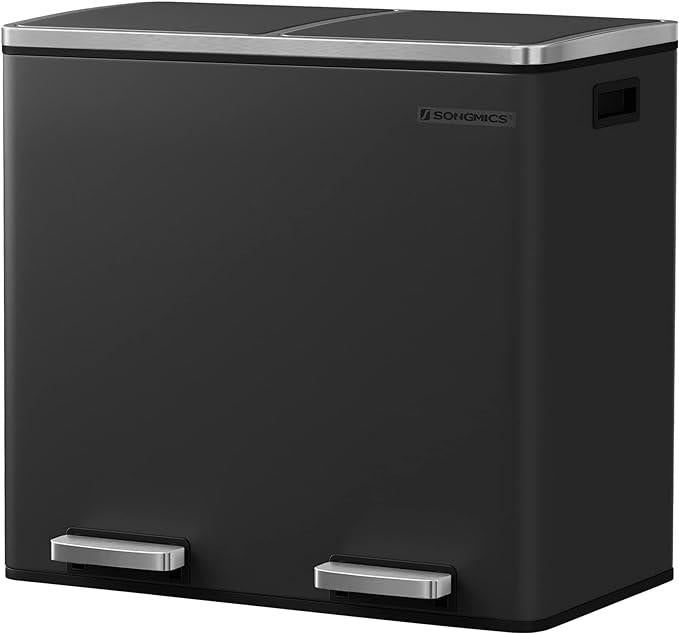 SONGMICS Recycling Bin Double Trash Can 2 x 24L Pedal Soft-Close Black
