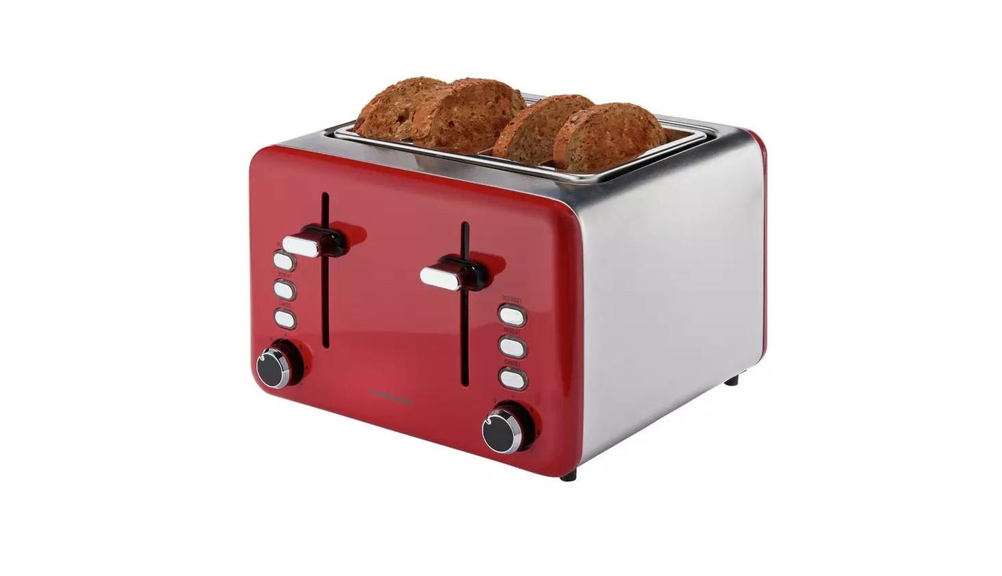 Cookworks Toaster 4 Slice Extra wide slots defrost reheat function 1600watts Red