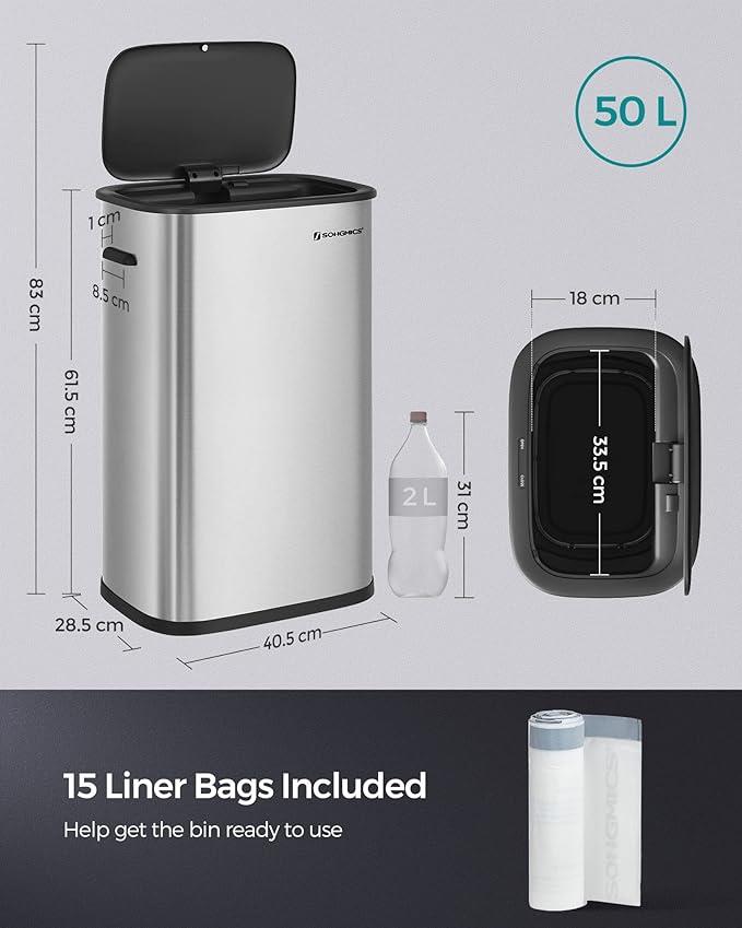 SONGMICS Kitchen Sensor Bin 50L Trash can Soft-Close Lid LTB610E50 Silver