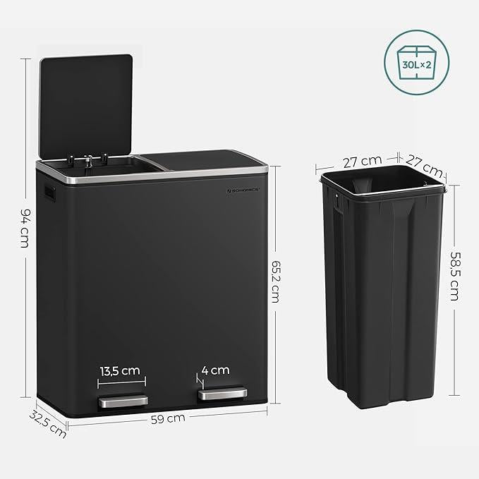 SONGMICS Bin Double Rubbish 2 x 30L Waste Recycling Kitchen Bin Black