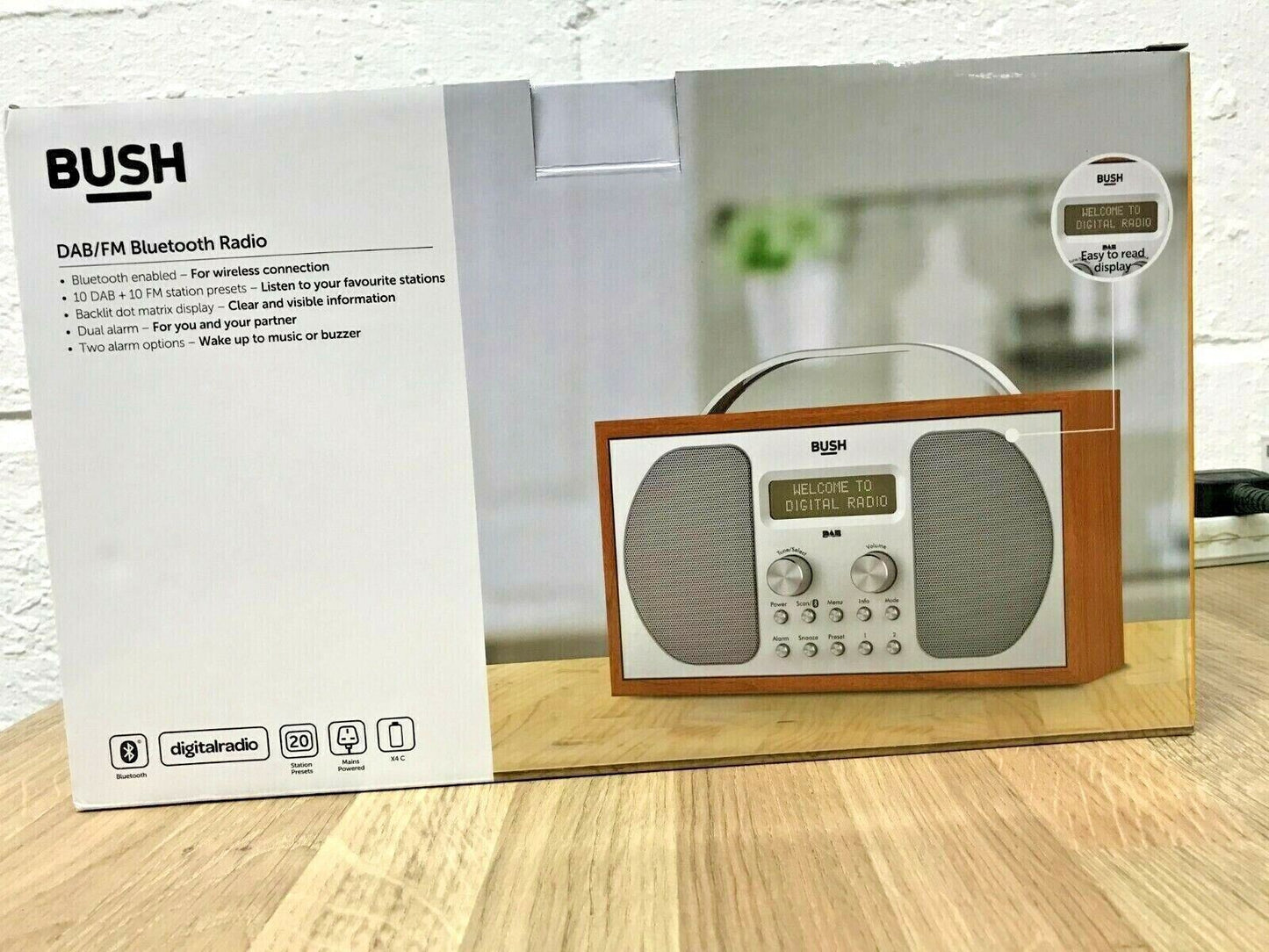 Bush Portable DAB FM Radio Bluetooth Digital LCD Mains Battery Alarm Silver Wood