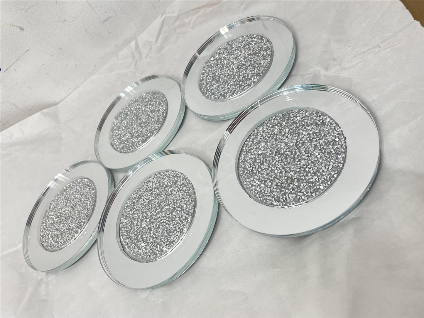 Glass Crushed Diamond Set of 5 Coaster Set Top Kitchen Decor-Silver