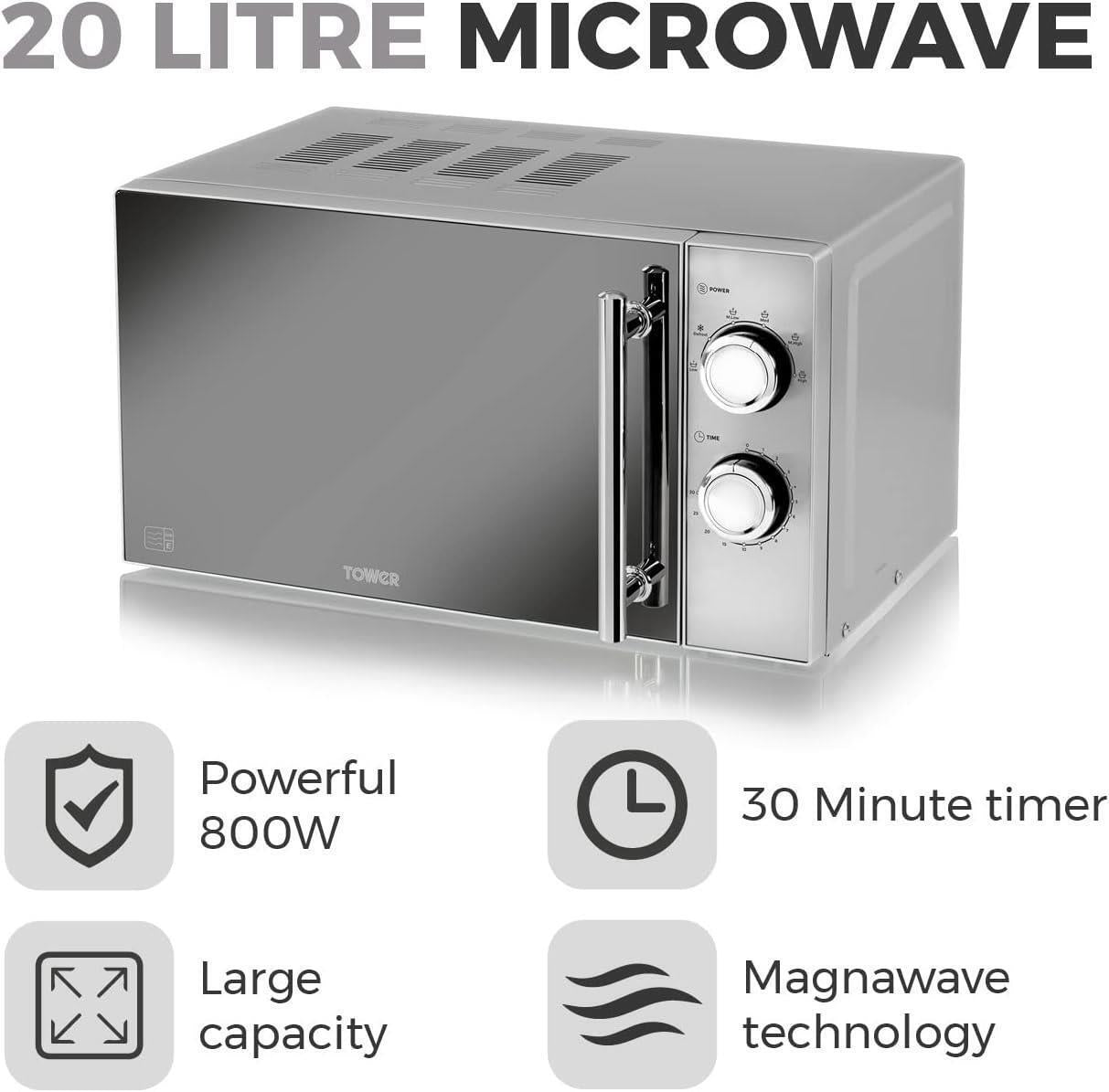 Tower Microwave 800W 20 Litre Manual Dial 5 Power Levels Defrost Sliver