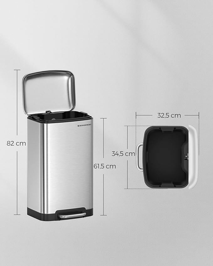 SONGMICS Rubbish Bin 30L Pedal Trash Can inner Bucket Soft Closure Sliver