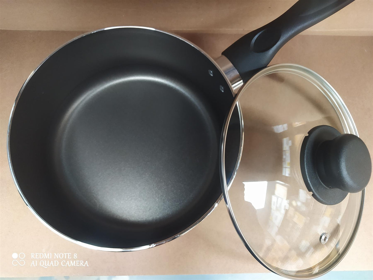 Home 5 Piece Pan Set Aluminium Non Stick Sauce & Frying Pans with lids Cream