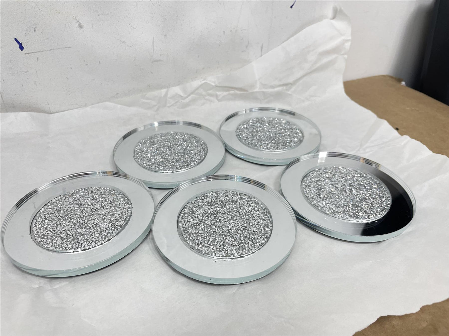 Glass Crushed Diamond Set of 5 Coaster Set Top Kitchen Decor-Silver