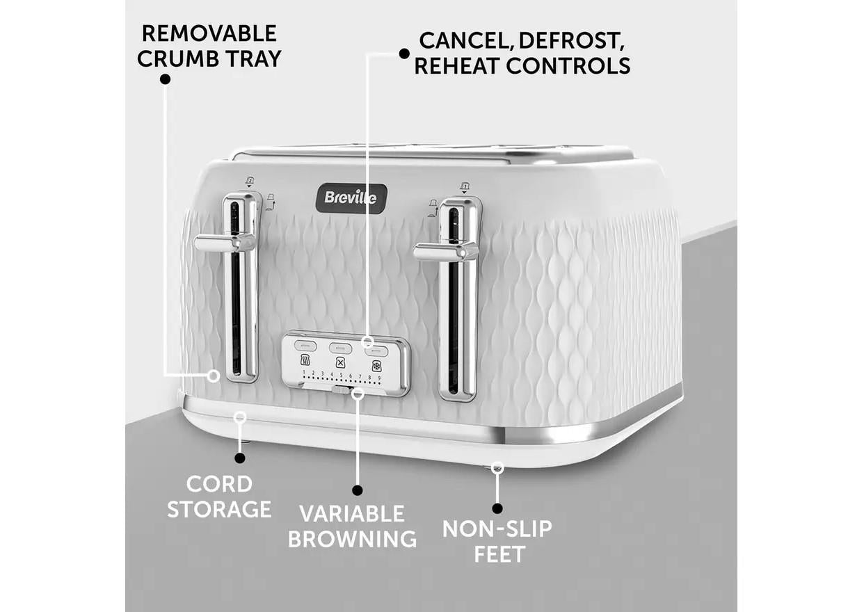 Breville Toaster VTT911 Curve 4 Slice Electric 9 settings classy White & Chrome