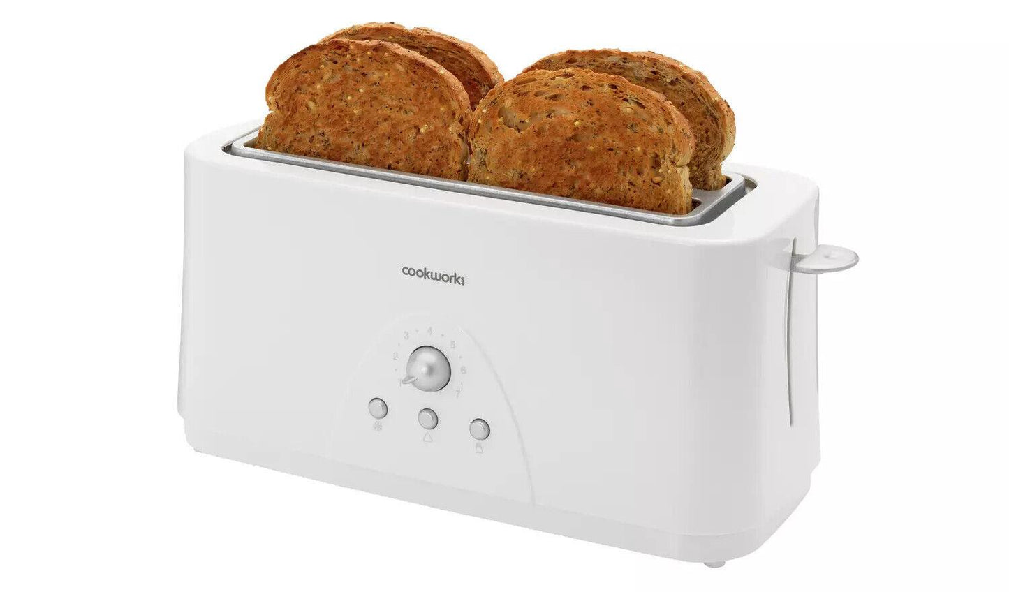 Cookworks Toaster Long Slot 4 Slice Extra wide Slots Bagel Defrost White