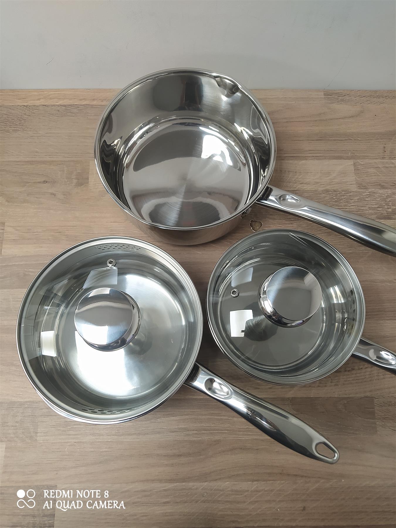 Russell Hobbs Sauce Pan Set 3 Piece Stainless Steel milk fry kitchen Glass lids