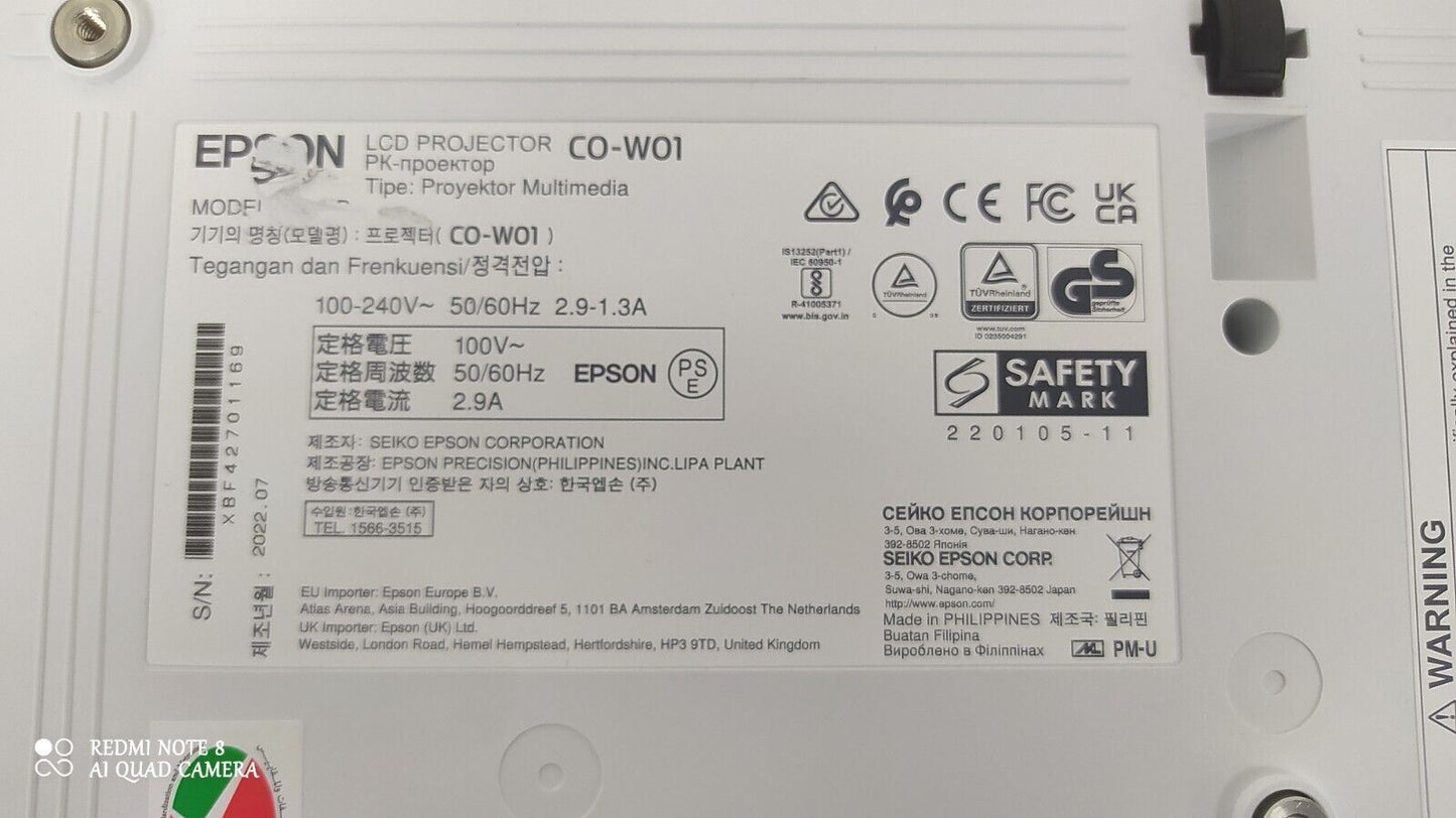 EPSON CO-W01 WXGA Projector 3LCD technology 1280 x 800 resolution 3000 lumens