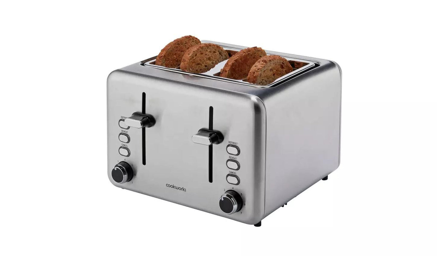Cookworks 4 Slice Toaster Brushed Stainless Steel Defrost Reheat Cancel 1600W
