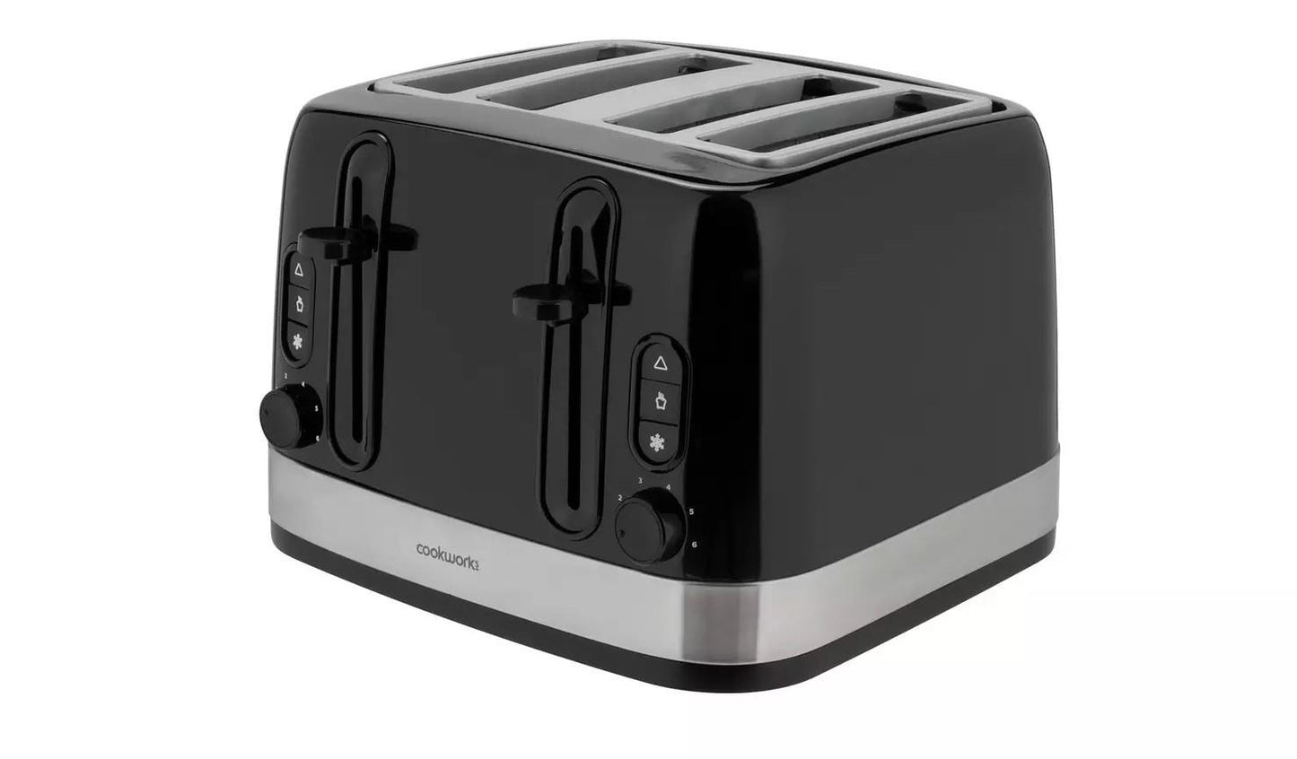 Cookworks Illuminated 4 Slice Toaster Defrost Extra Wide Slots Bagel Black