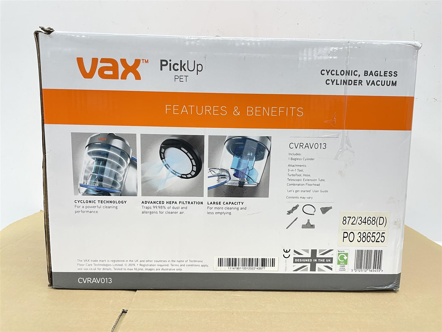 Vax Cylinder Vacuum Cleaner Pet Pick Up CVRAV013 Cyclonic HEPA 13 Corded 800W