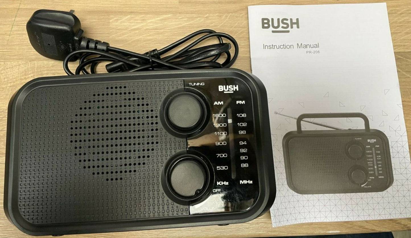 Bush Portable AM FM Travel Radio Mono speaker Mains Battery 5w RMS Headphone New