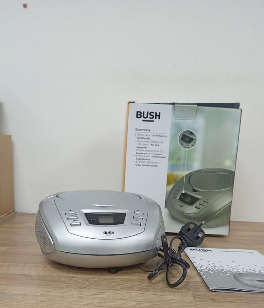 Bush Stereo Speaker Audio Boombox Portable CD Player FM AM Radio Tuner Silver