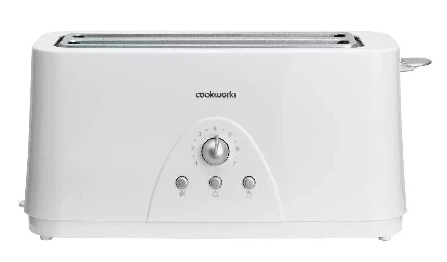 Cookworks Toaster Long Slot 4 Slice Extra wide Slots Bagel Defrost White