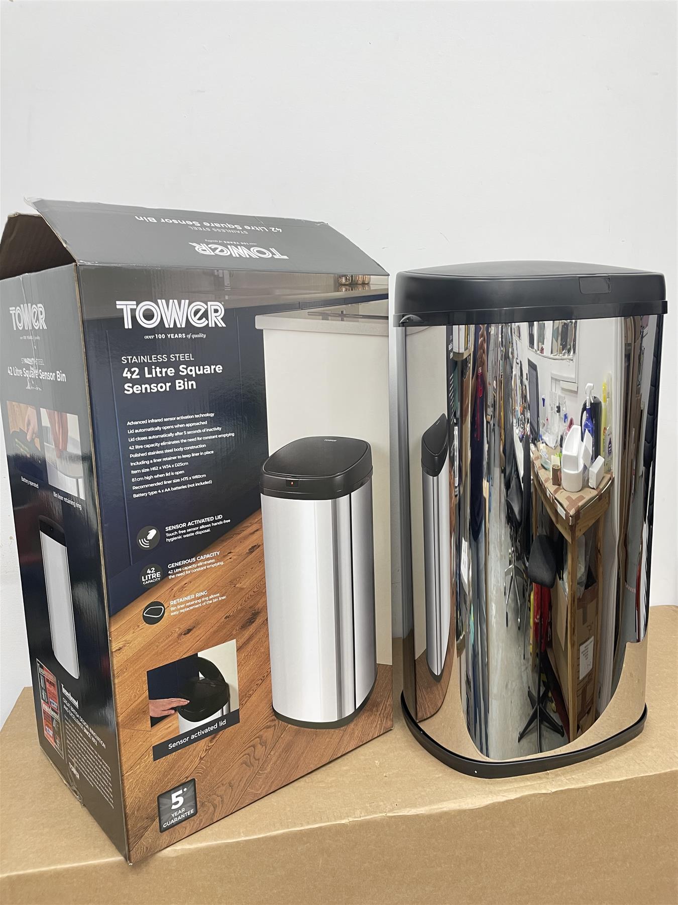 Tower Recycling 42 Litre Square Sensor Bin lid automatically opens - black